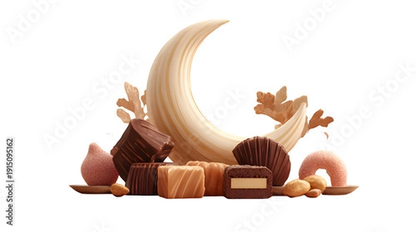Obraz Crescent moon with assorted chocolates isolated on transparent background