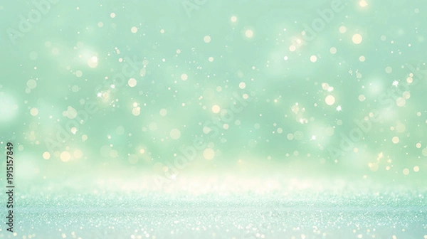 Obraz 春や森林浴イメージ　キラキラ輝くエメラルドグリーンの光の粒子とボケ味の幻想的な背景素材