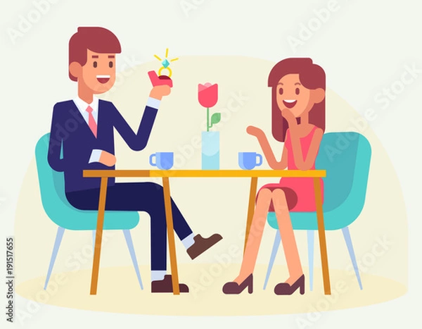 Fototapeta Happy Couple sitting at table in restaurant. Man making proposal of marriage. Happy valentine’s day.  Couple in love. Flat Vector illustration.