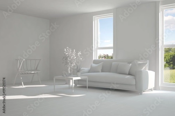Fototapeta Idea of white room with sofa and summer landscape in window. Scandinavian interior design. 3D illustration