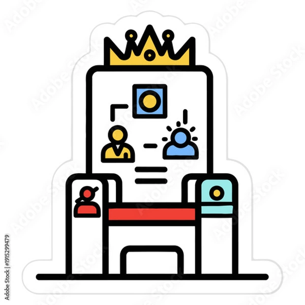 Obraz Modern office workstation vector icon with productivity symbols, data analysis, and collaborative elements.