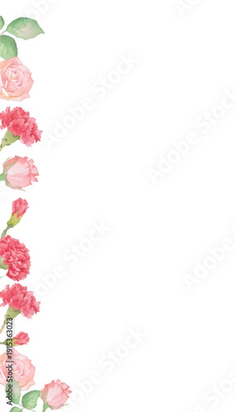 Obraz カーネーションとバラの水彩ボタニカルフレーム