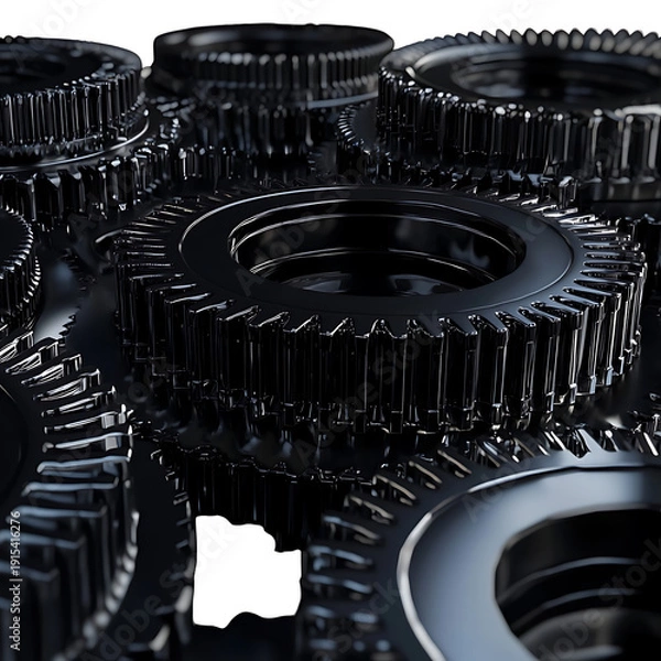 Obraz Black metallic gears interlocking with precision engineering