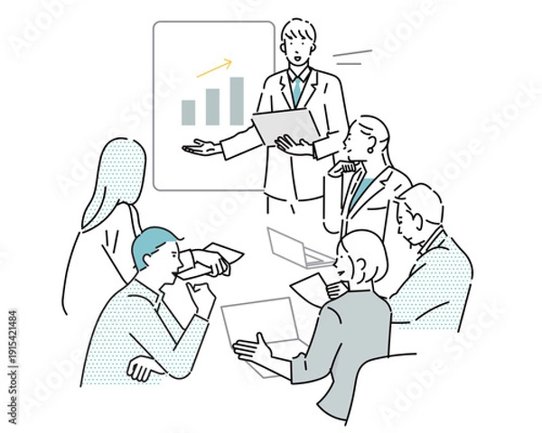 Obraz ミーティングするビジネスパーソンープレゼンする男性ービジネスチームのスタートアップイラスト素材