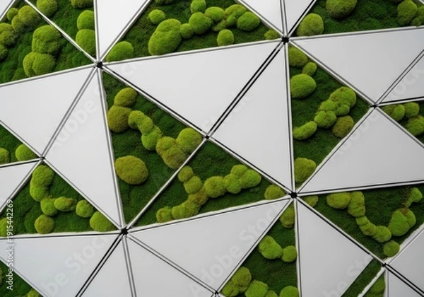 Obraz Geometric wall art featuring vibrant green moss within triangular white panels