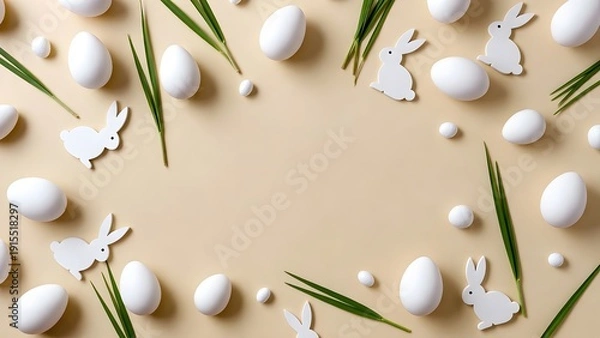 Fototapeta Easter eggs are arranged on a light-colored surface with decorative elements, creating a festive composition.