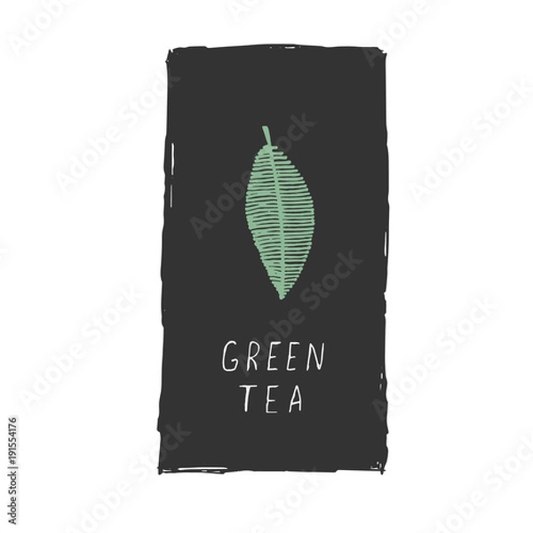 Obraz Green tea illustration. Leaf on black background