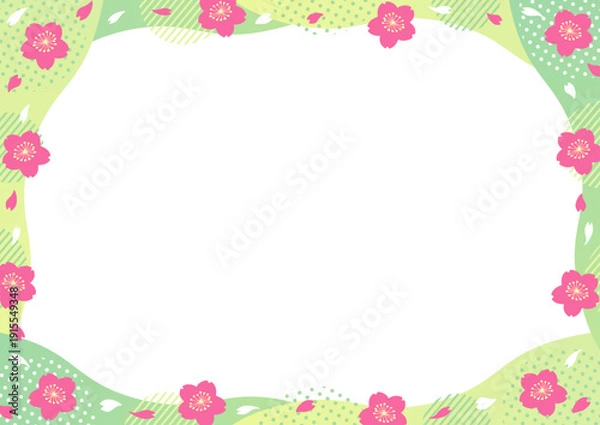 Obraz 桜とドットやストライプの丸い幾何学模様と波型のフレーム_緑
