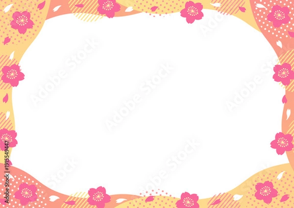 Obraz 桜とドットやストライプの丸い幾何学模様と波型のフレーム_オレンジ
