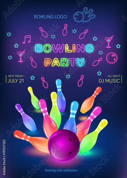 Fototapeta Bowling party template. A6 format size. Vector clip art illustration.