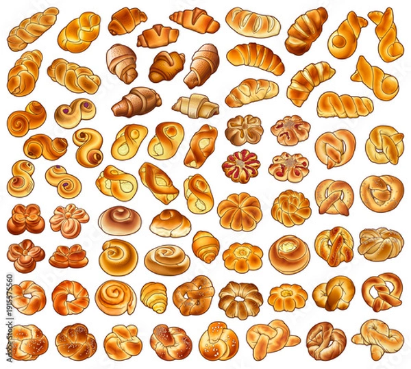 Obraz  Bakery objects and elements cartoon set. Buns and pastries hand drawn doodle collection. Vector background.