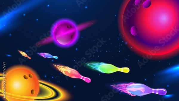 Fototapeta Vector illustration of a cosmic bowling planet, space bowling pins and ball; on a blue star background.