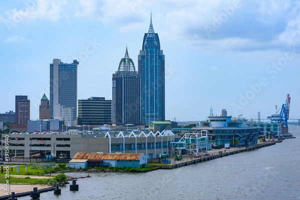 Fototapeta Downtown of Mobile, Alabama, USA and city docks as seeing from port harbour
