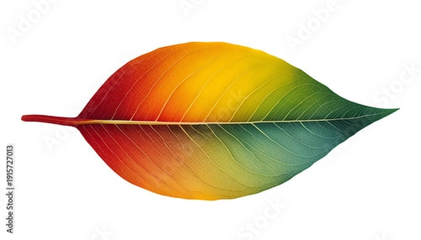 Obraz A vibrant rainbow-colored leaf against a white background