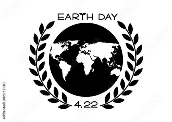 Obraz アースデー黒アイコン 葉の飾りと地球