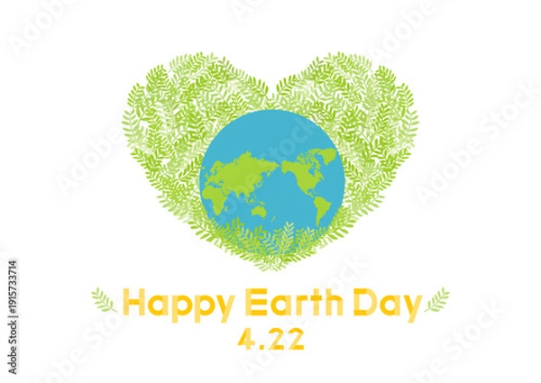 Fototapeta アースデーのイラスト 葉のハートと世界地図