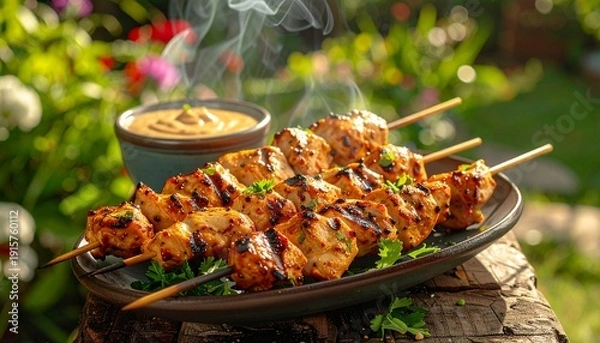 Obraz Hähnchen-Saté-Spieße mit Erdnusssauce