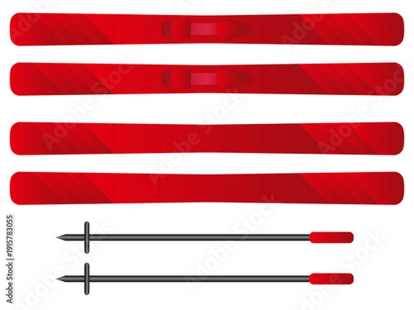 Obraz 競技でもある冬の雪の上のスポーツでも使う斜め線の模様の柄のついたスキーの板とストックを赤と黒と灰の色グラデーションを付けてデザインしたイラストのグラフィックの素材