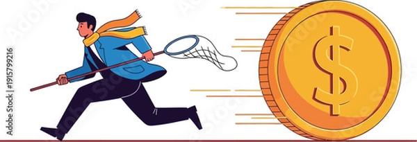 Obraz Man chasing rolling dollar coin with net