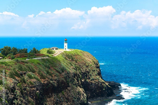 Obraz ハワイのカウアイ島　キラウエアポイントの白い灯台と青い海