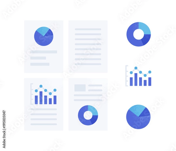 Obraz ビジネスに関する書類（データ）のセット。グラフやレポートのベクターアイコン素材。