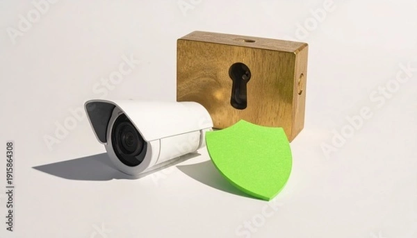 Obraz Security camera with padlock and shield concept