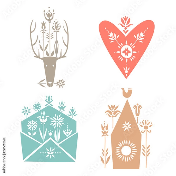 Fototapeta Vector set of spring elements decorated with flowers. Deer, heart, envelope, birdhouse.
