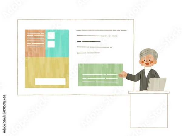 Obraz スクリーンやホワイトボードを使って説明をする男性-ガッシュ