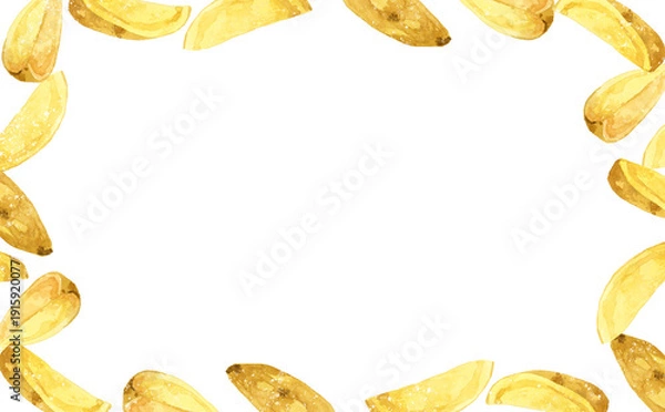 Obraz ナチュラルカットのフライドポテトのフレーム　料理・食べ物の手描き水彩イラスト背景素材