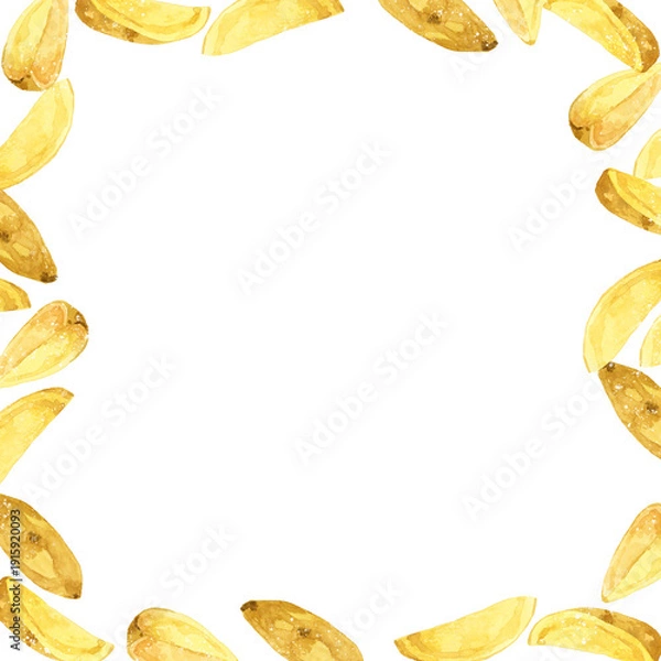 Obraz ナチュラルカットのフライドポテトのフレーム　料理・食べ物の手描き水彩イラスト背景素材