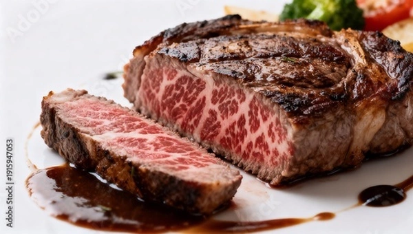 Obraz 白背景の高級和牛ステーキファインダイニング盛り付け
