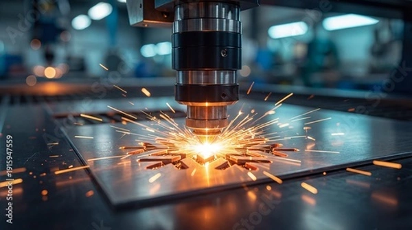 Obraz 青みがかった金属板にオレンジ色の火花を散らしながらレーザーが精密に切断加工を行う製造業の現場風景、暗い背景に光る溶接作業の様子。