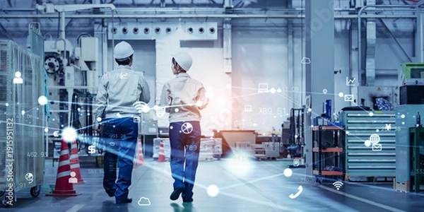 Obraz 工場で作業するエンジニアと通信ネットワークのコンセプト