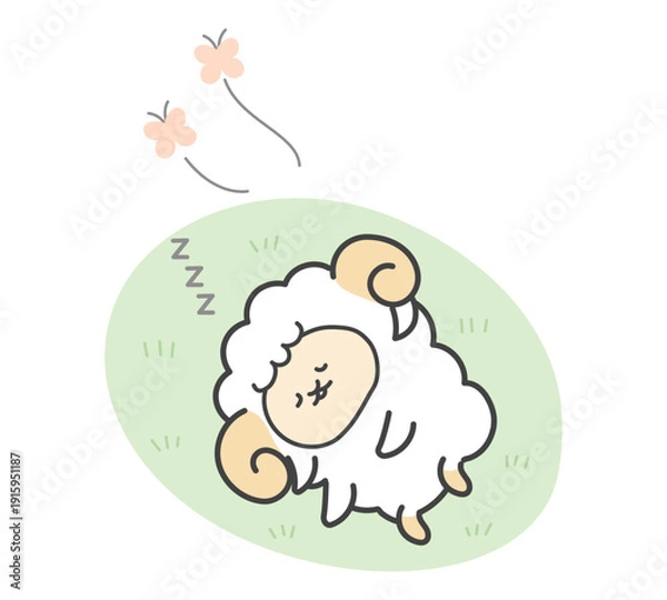 Obraz 気持ちよさそうに眠る羊のキャラクターイラスト