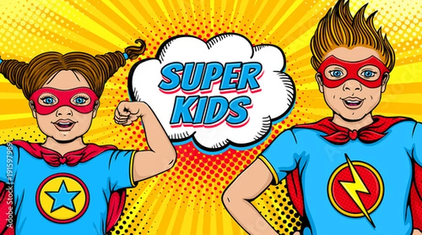 Fototapeta Wow para. Zaskoczona dziewczynka i szczęśliwy chłopiec przebrani za superbohaterów z otwartymi ustami pokazują moc i dymek Super Kids. Ilustracja wektorowa w komiks stylu retro pop art. Plakat z zaproszeniem.