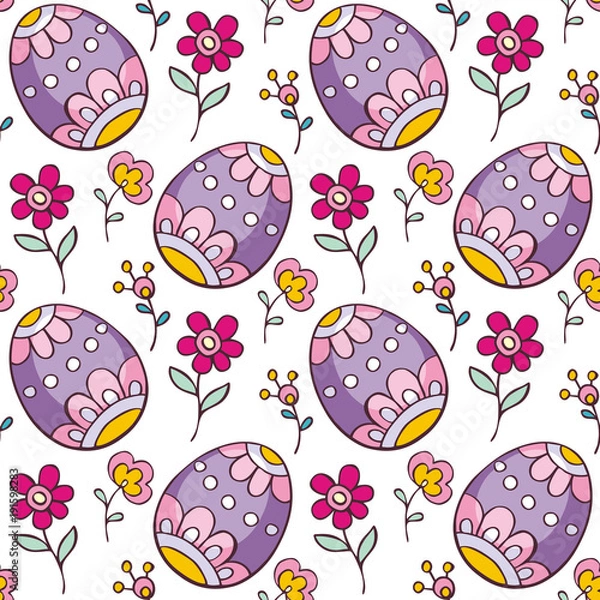 Obraz Colorful seamless pattern with hand-drawn Easter eggs. Vector background in doodle style.