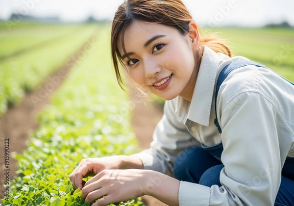 Obraz 陽光が降り注ぐ広大な畑で苗を優しく手入れする笑顔の女性