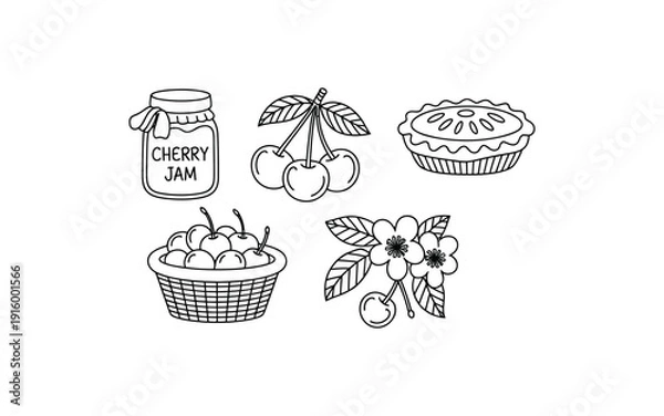 Obraz Cherry icon set including cherries, jam, and pie illustrations