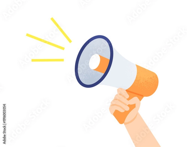 Obraz キャンペーンやセールの告知。メガホンを持つ人の手と強調線のベクターイラスト素材。