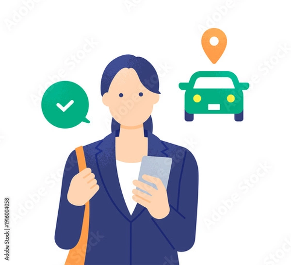 Obraz 配車アプリでタクシーの予約を完了。スマホで手配するスーツを着た女性のベクターイラスト素材。