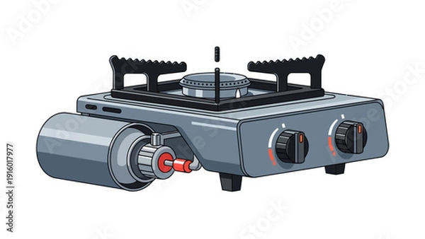 Obraz Portable gas stove with fuel canister and two control knobs