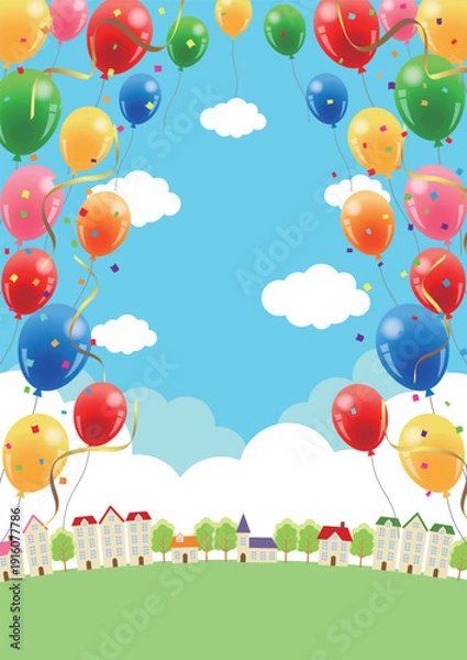 Obraz 風船と街背景、かわいい、イラスト、縦