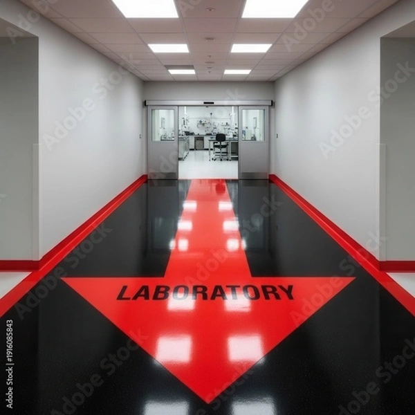 Obraz Modern Laboratory Corridor Featuring Directional Arrow and Contemporary Interior Design Elements