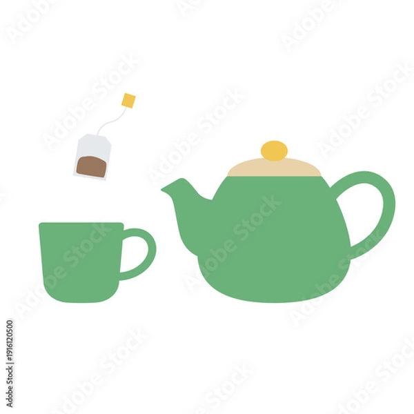 Obraz ティーポットとカップ、ティーバッグのシンプルなイラスト