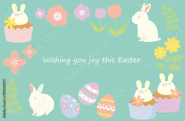 Obraz イースターエッグ、うさぎとスイーツのイラストフレーム　ブルー