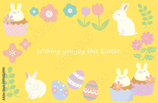 Obraz イースターエッグ、うさぎとスイーツのイラストフレーム　イエロー