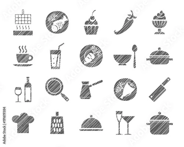 Fototapeta Cooking, icon, grey, shading with pencil, vector.  Products and kitchen utensils. Hatching with a gray pencil on a white field. Imitation. Vector clip art.  