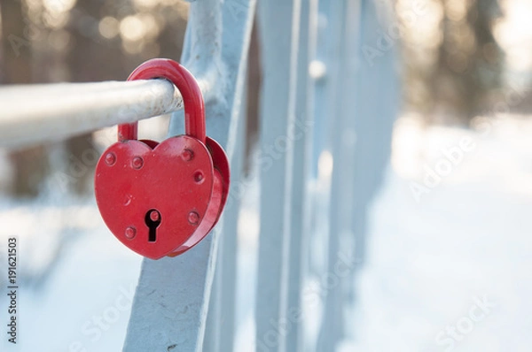 Obraz Metal lock in the form of a red heart on the bridge, background love forever, Valentine's Day