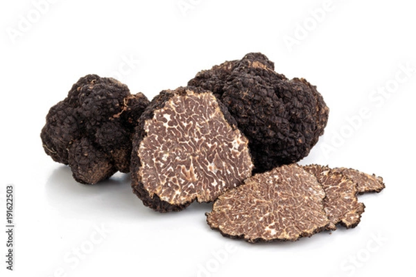 Fototapeta Black truffles and oak leaves.