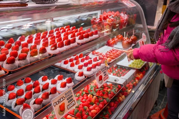 Fototapeta 日本で人気の市場で苺のスイーツを販売しているお店